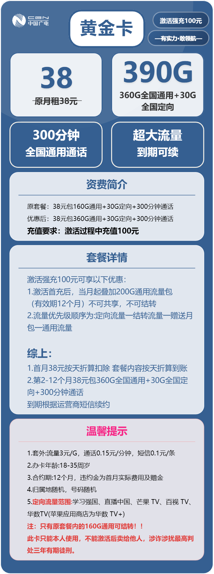 广电黄金卡38元月360G通用+30G定向+300分钟通话