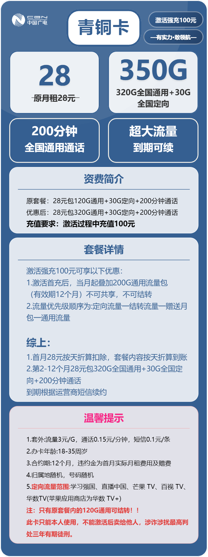 广电青铜卡28元月320G通用+30G定向+200分钟通话