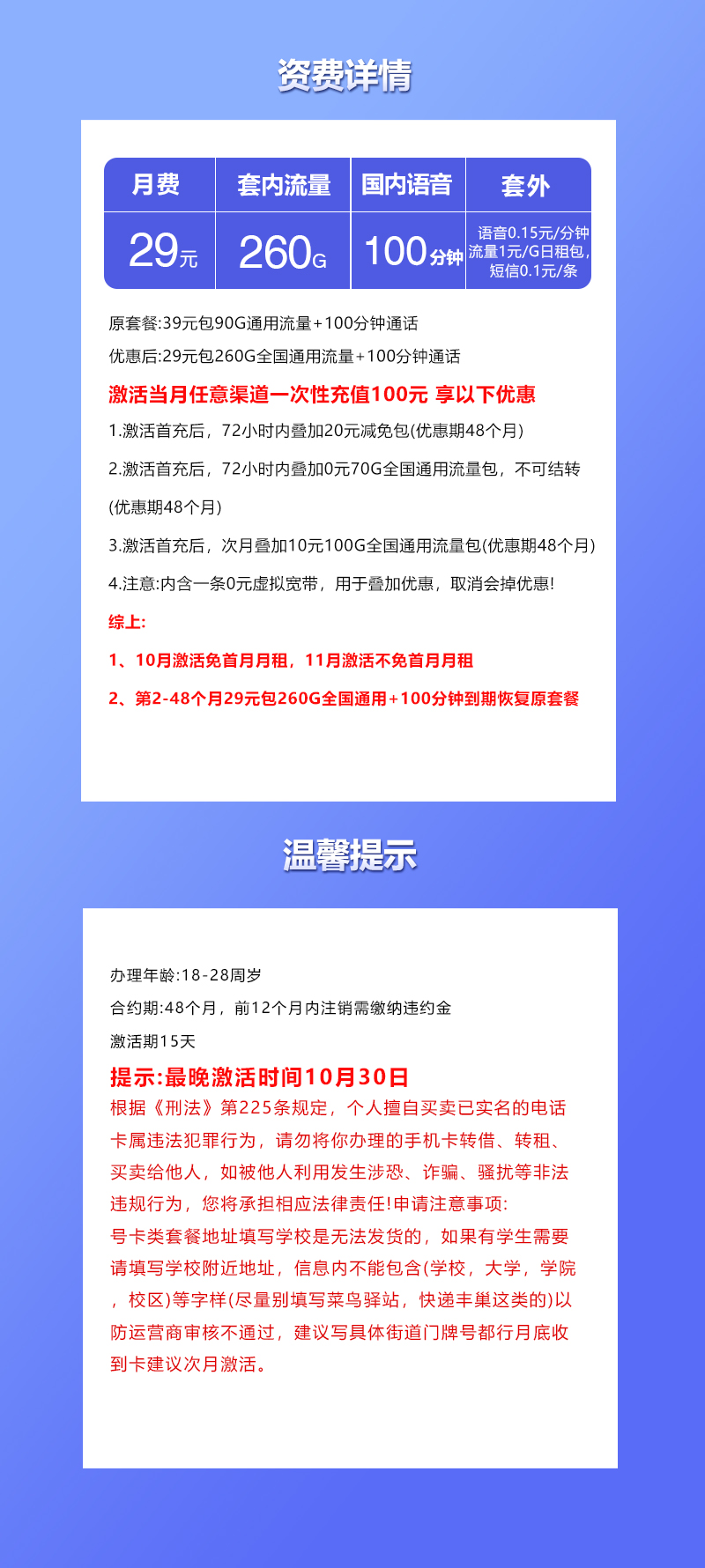 联通飞熊卡29元月260G通用+100分钟通话