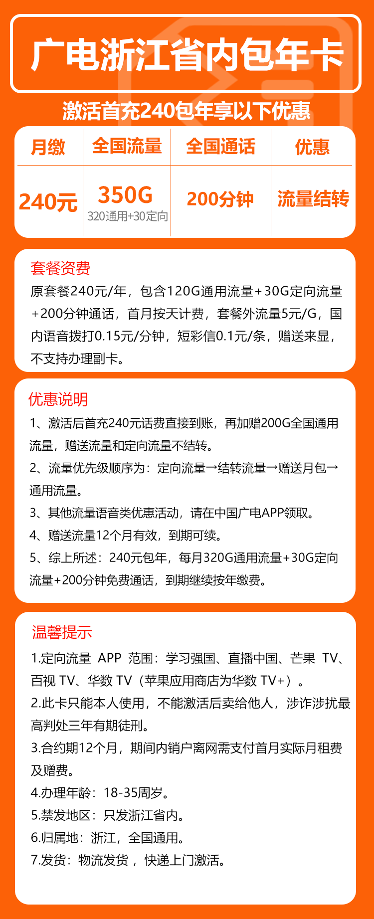 广电包年卡套餐20元月320G通用+30G定向+200分钟通话